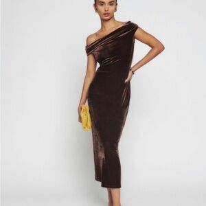 Reformation One Shoulder Velvet Dress in Brown